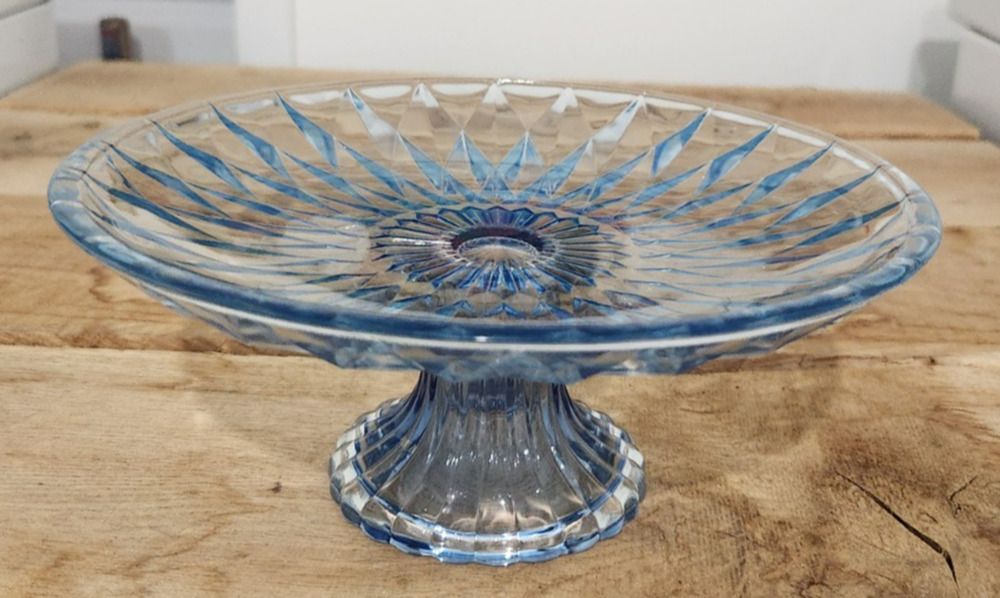 Vintage 1950s Aquamarine Fused Glass Dessert Compote Stand Diamond Pattern